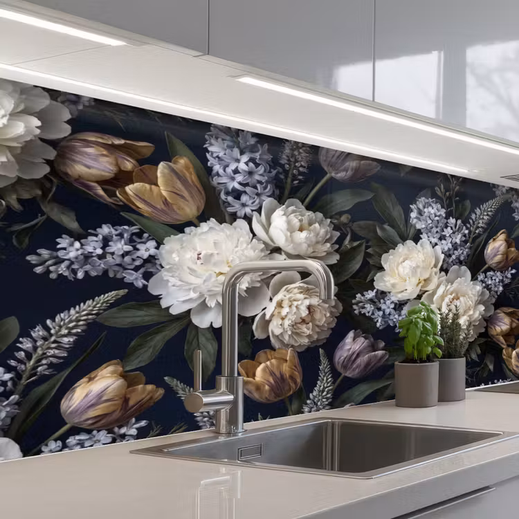 Keuken achterwand - Bloemen - Donker - Elegant - Natuur - Wit — 2