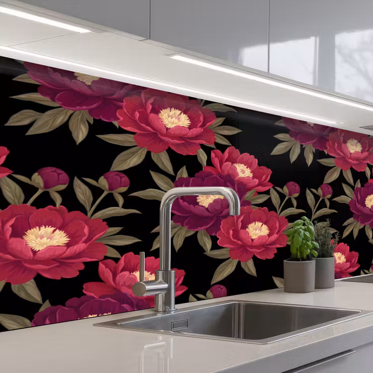 Keuken achterwand - Bloemen - Patroon - Botanisch - Rood - Zwart — 2