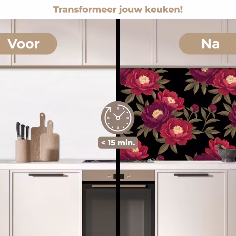 Keuken achterwand - Bloemen - Patroon - Botanisch - Rood - Zwart — 3