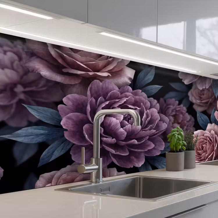 Keuken achterwand - Bloemen - Patroon - Donker - Botanisch - Paars — 2