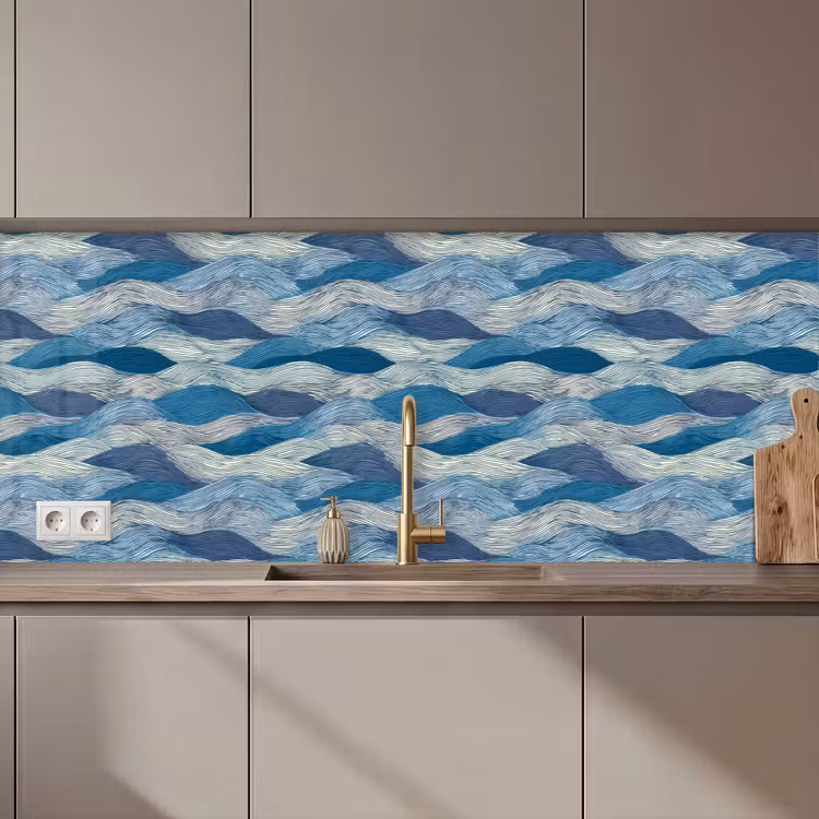 Keuken achterwand - Getekend - Blauw - Wit - Golvend - Streepjes — 1