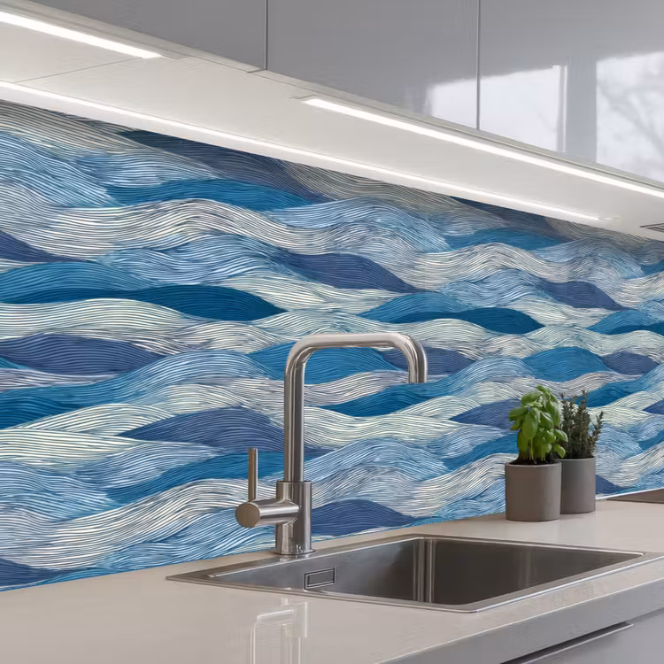Keuken achterwand - Getekend - Blauw - Wit - Golvend - Streepjes — 2