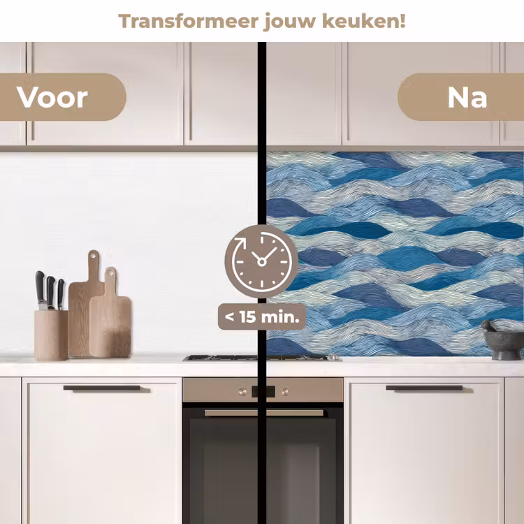 Keuken achterwand - Getekend - Blauw - Wit - Golvend - Streepjes — 3