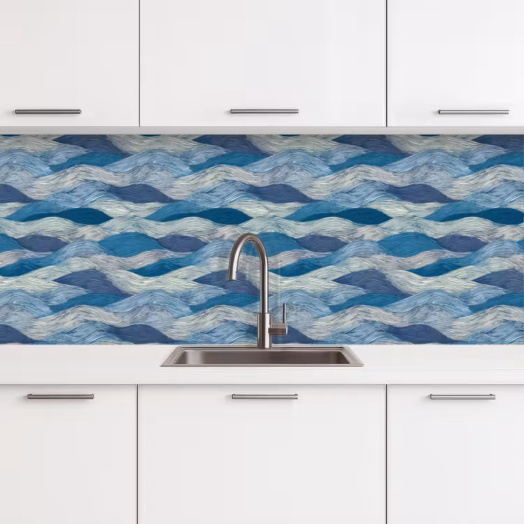 Keuken achterwand - Getekend - Blauw - Wit - Golvend - Streepjes — 4