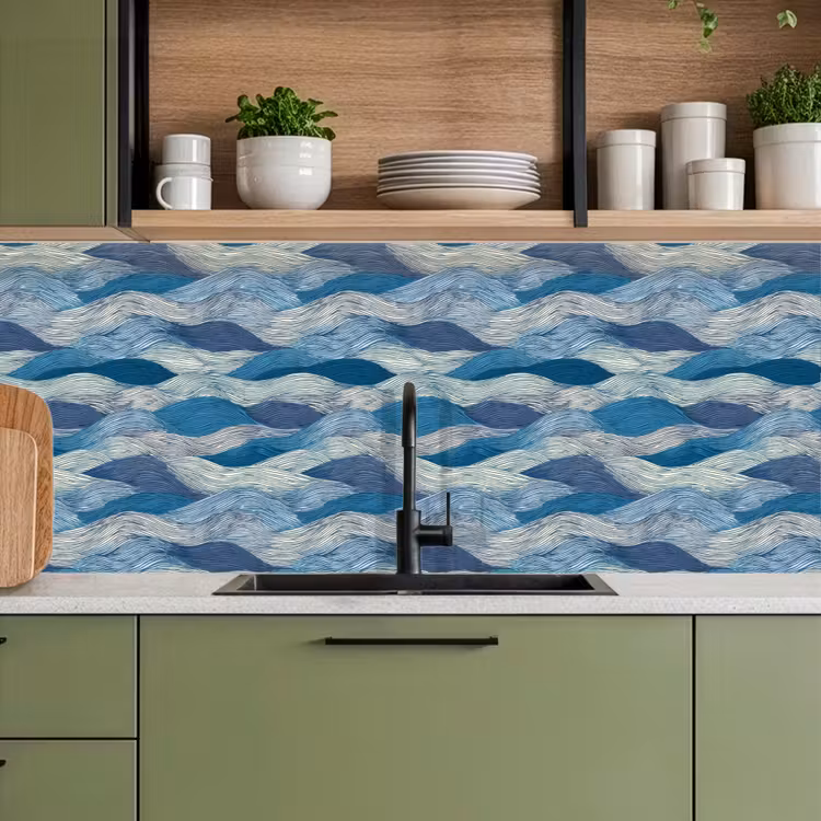 Keuken achterwand - Getekend - Blauw - Wit - Golvend - Streepjes — 8