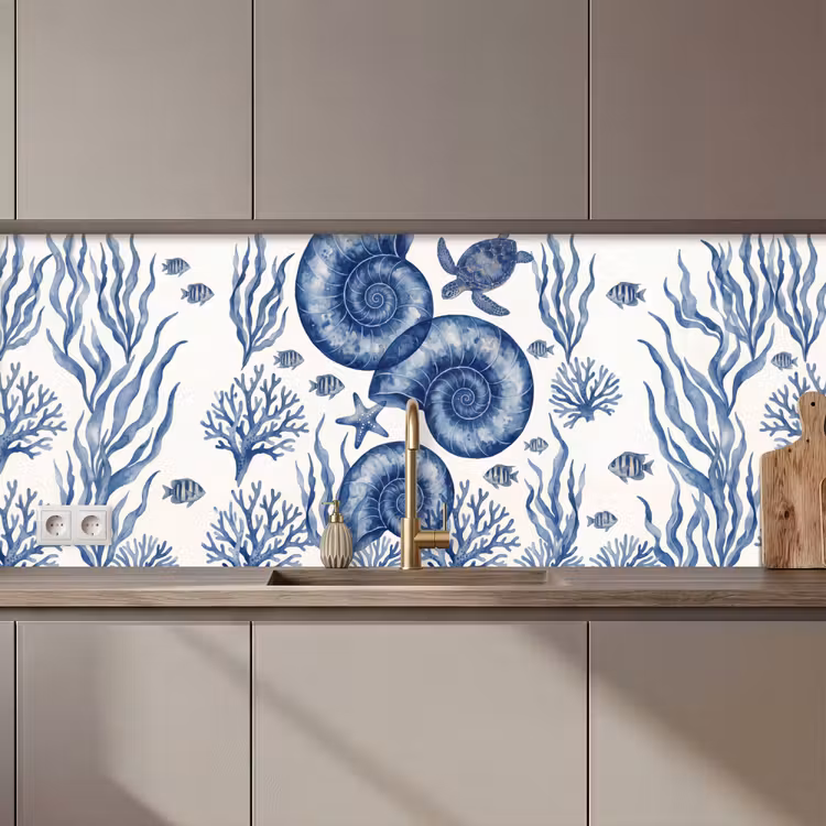 Keuken achterwand - Schelp - Spiraal - Zeeleven - Aquarel - Blauw — 1