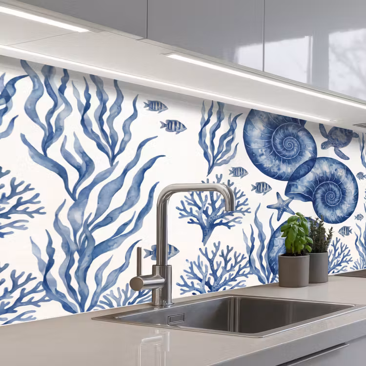 Keuken achterwand - Schelp - Spiraal - Zeeleven - Aquarel - Blauw — 2