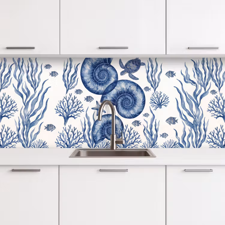 Keuken achterwand - Schelp - Spiraal - Zeeleven - Aquarel - Blauw — 4