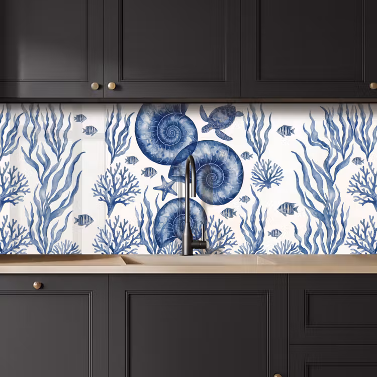 Keuken achterwand - Schelp - Spiraal - Zeeleven - Aquarel - Blauw — 6