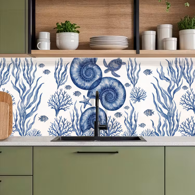 Keuken achterwand - Schelp - Spiraal - Zeeleven - Aquarel - Blauw — 8
