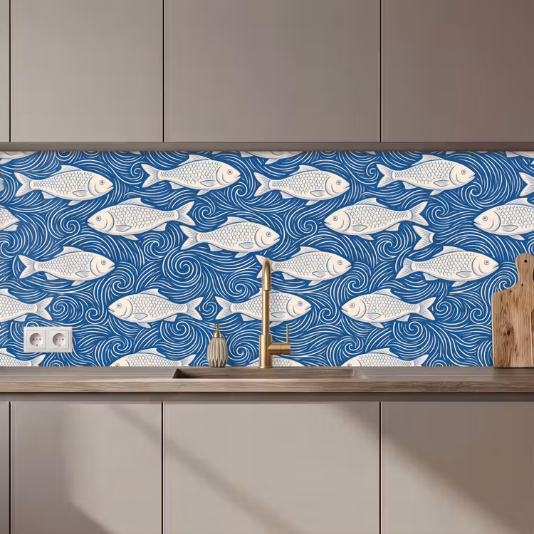 Keuken achterwand - Vis - Water - Patroon - Grafisch - Blauw — 1