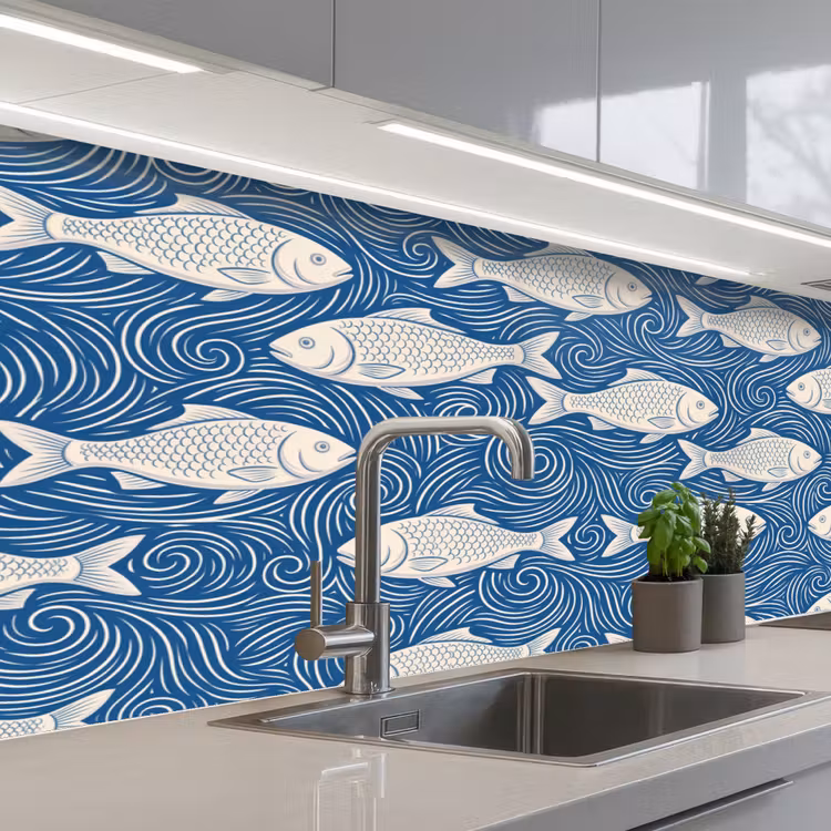 Keuken achterwand - Vis - Water - Patroon - Grafisch - Blauw — 2