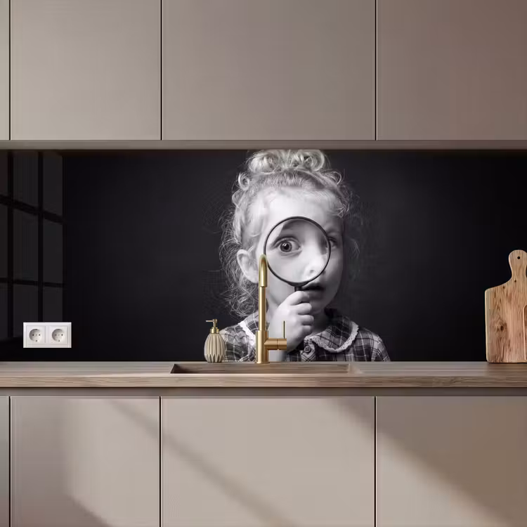 Keuken achterwand - Kind - Vergrootglas - Portret - Zwart-wit — 1