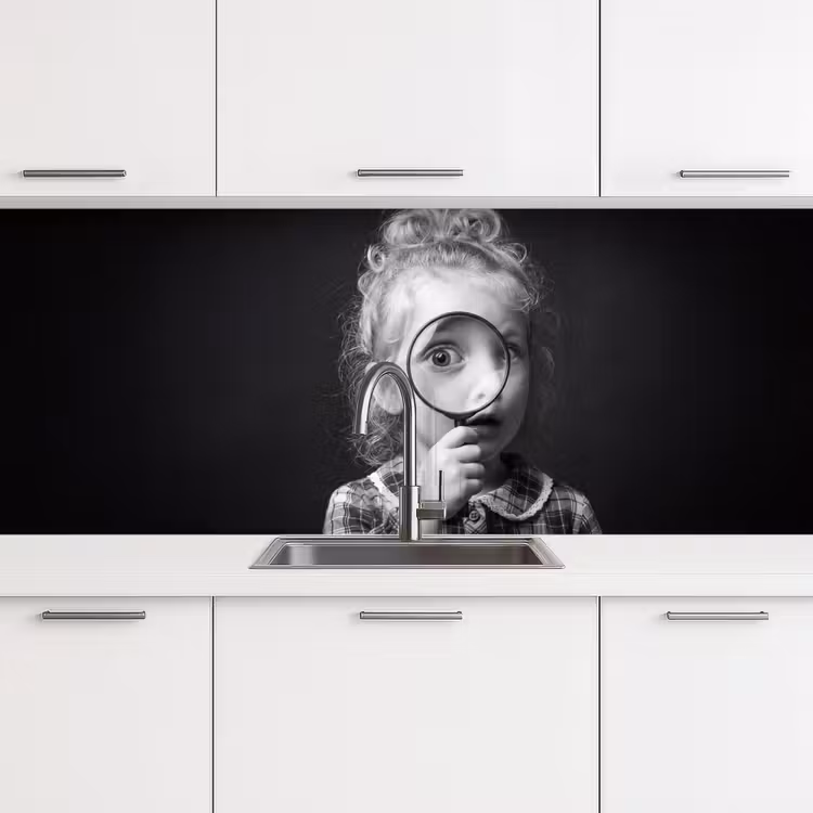 Keuken achterwand - Kind - Vergrootglas - Portret - Zwart-wit — 4