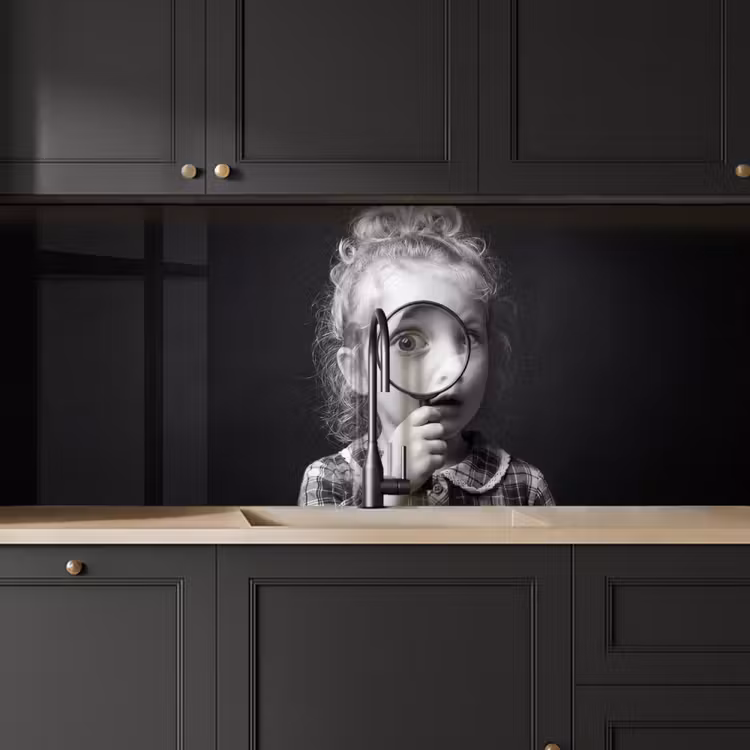Keuken achterwand - Kind - Vergrootglas - Portret - Zwart-wit — 6