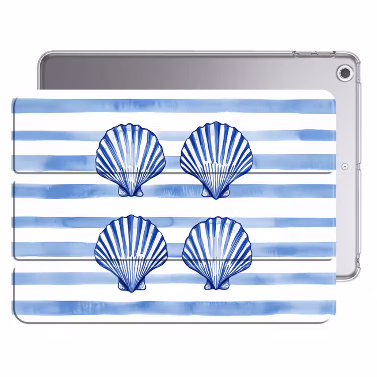 iPad hoes - Vier schelpen - Blauw - Wit - Strepen — 1