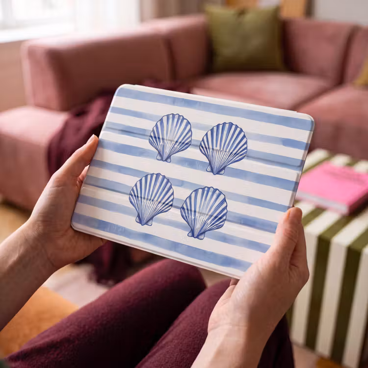 iPad hoes - Vier schelpen - Blauw - Wit - Strepen — 3