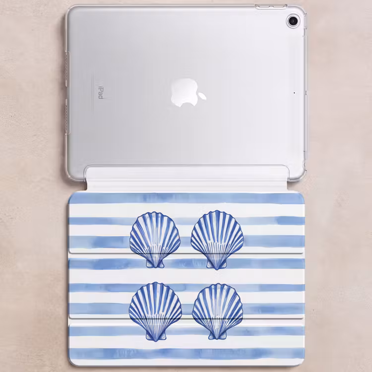 iPad hoes - Vier schelpen - Blauw - Wit - Strepen — 6