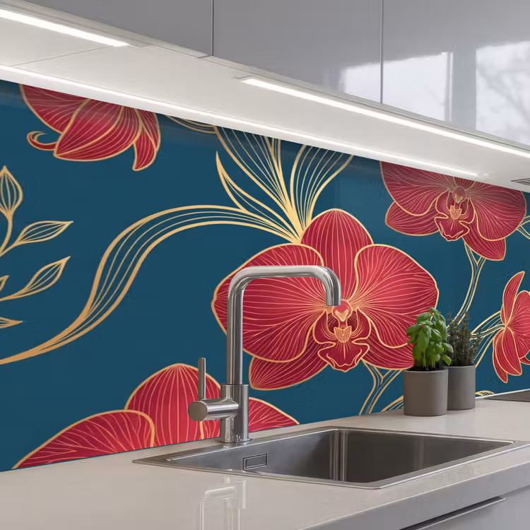 Keuken achterwand - Bloemen - Rood - Goud — 2