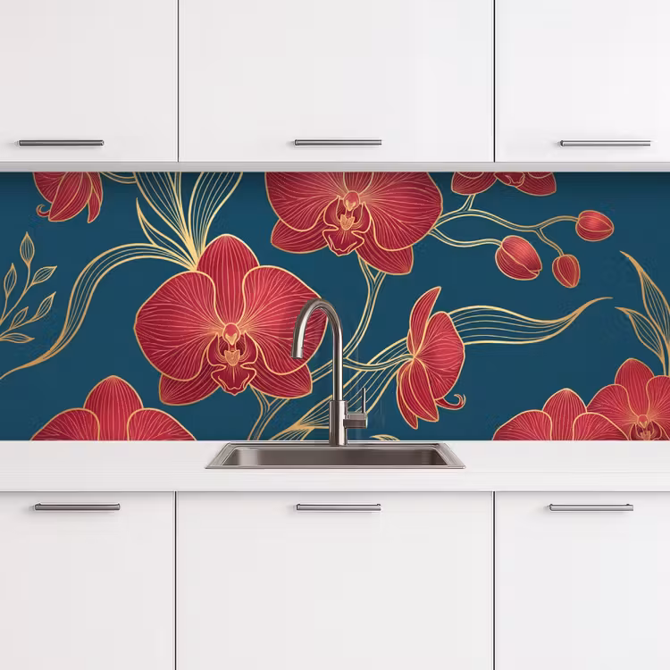 Keuken achterwand - Bloemen - Rood - Goud — 4