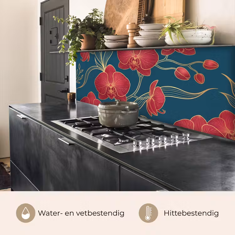 Keuken achterwand - Bloemen - Rood - Goud — 5