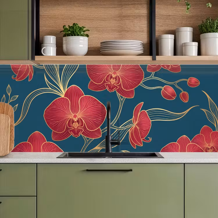 Keuken achterwand - Bloemen - Rood - Goud — 8