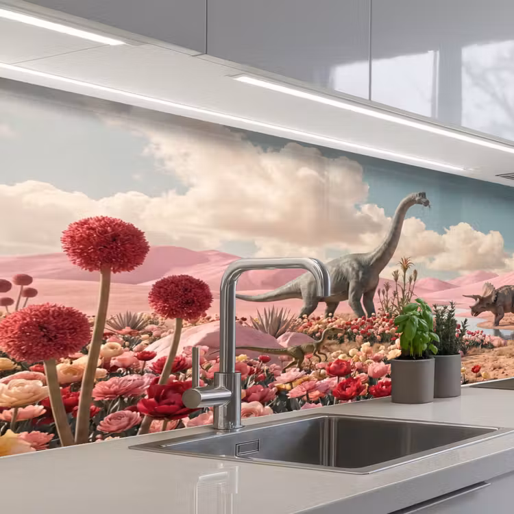 Keuken achterwand - Dinosaurus - Roze - Landschap — 2