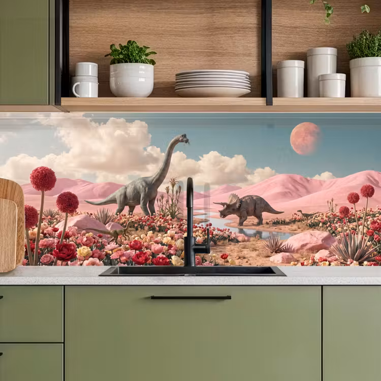 Keuken achterwand - Dinosaurus - Roze - Landschap — 8