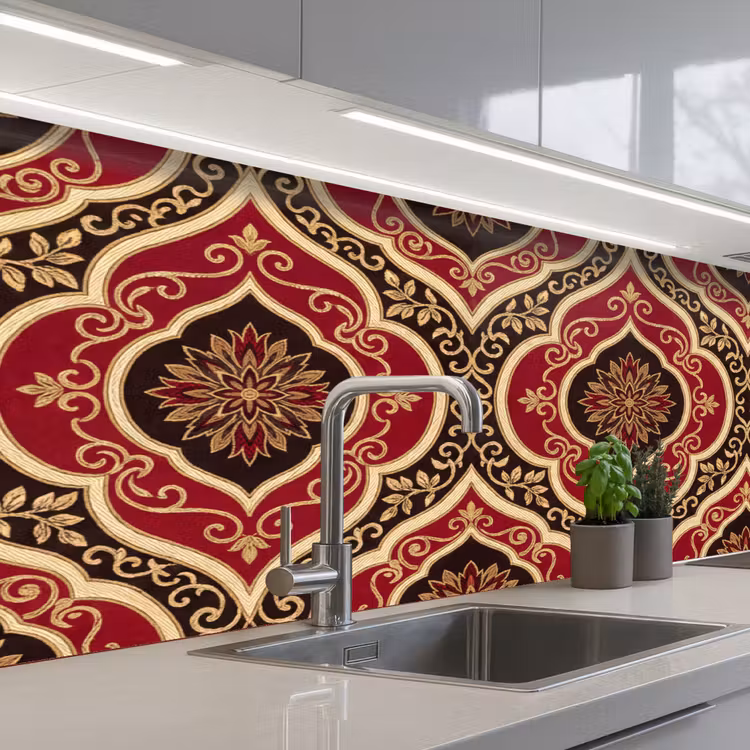 Keuken achterwand - Patroon - Ornament - Barok - Rood - Goud — 2