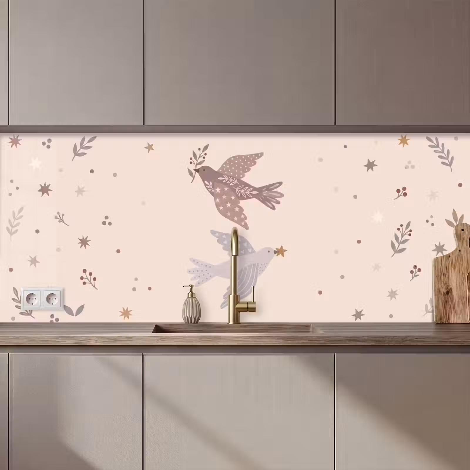Keuken achterwand - Vogel - Bessen - Natuur - Modern - Beige — 1