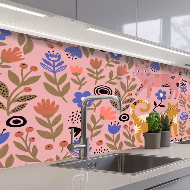 Keuken achterwand - Kat - Bloemen - Dieren - Modern - Roze — 2