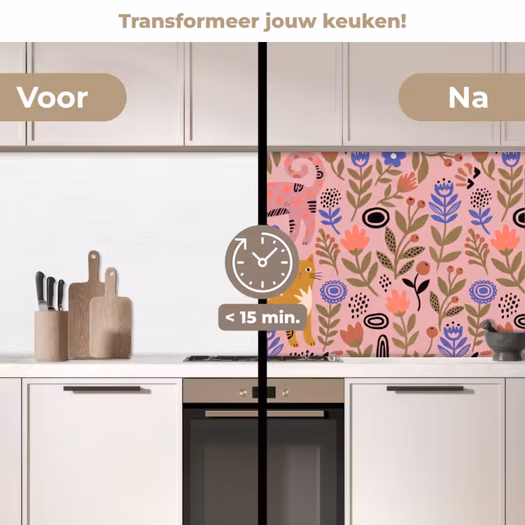 Keuken achterwand - Kat - Bloemen - Dieren - Modern - Roze — 3