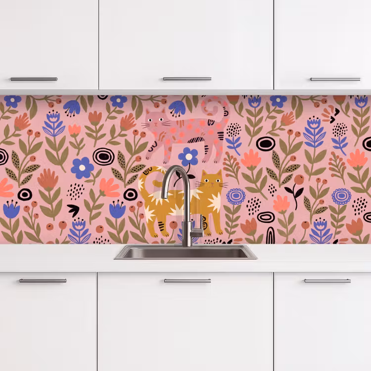 Keuken achterwand - Kat - Bloemen - Dieren - Modern - Roze — 4