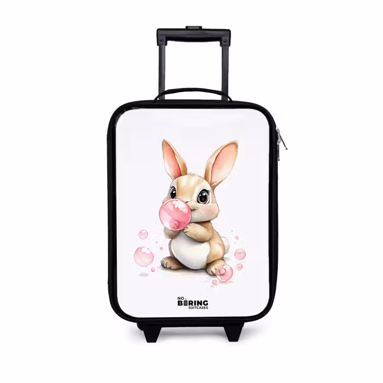 Kinderkoffers met naam - Bruin konijntje met roze bellen — 1