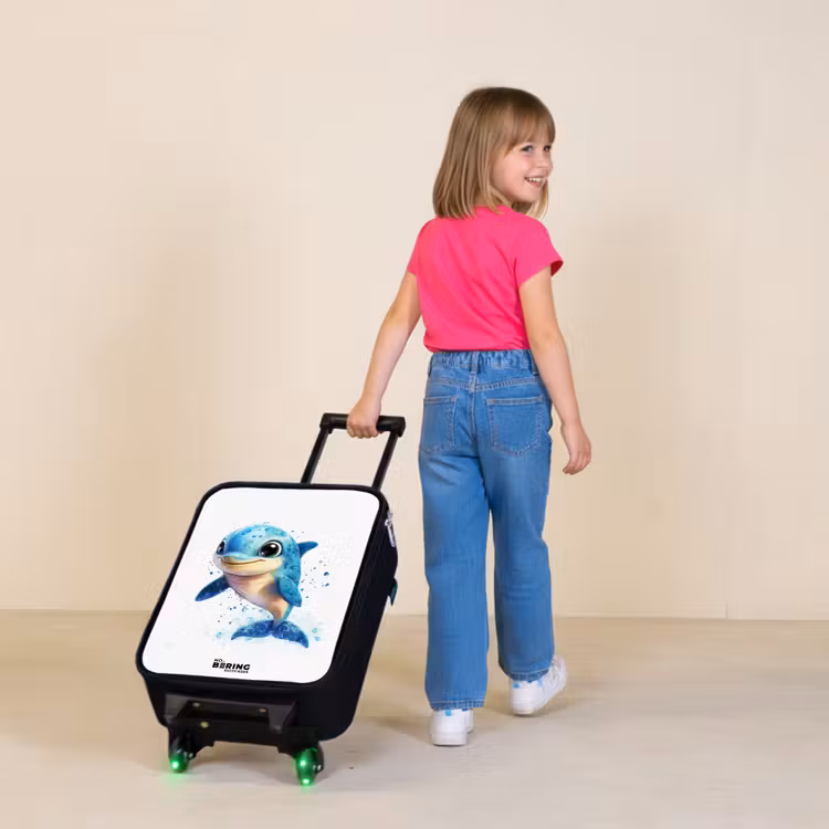 Kinderkoffers met naam - Blije dolfijn met waterdruppels op wit — 2