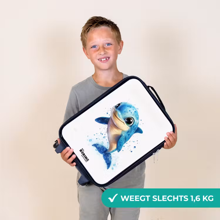 Kinderkoffers met naam - Blije dolfijn met waterdruppels op wit — 3