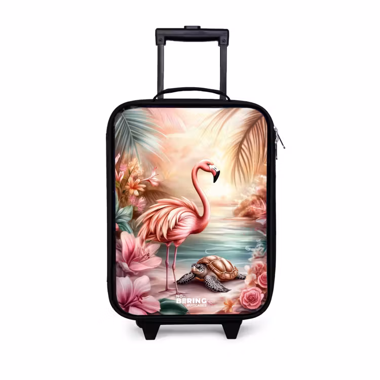 Kinderkoffer - Flamingo en schildpad op een roze strand. — 1