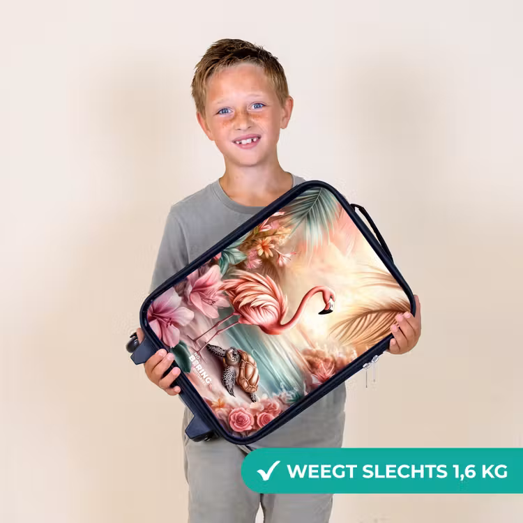 Kinderkoffer - Flamingo en schildpad op een roze strand. — 3