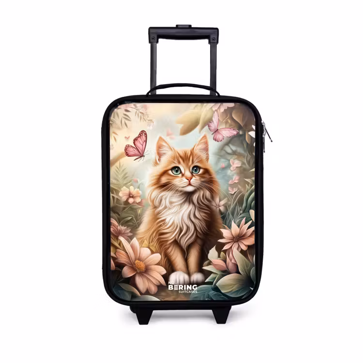 Kinderkoffer - Kat in bloemenveld met roze vlinders. — 1