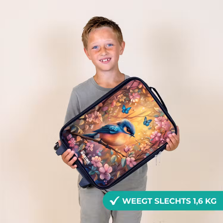 Kinderkoffer - Vogel met vlinders in kleurrijk bos. — 3