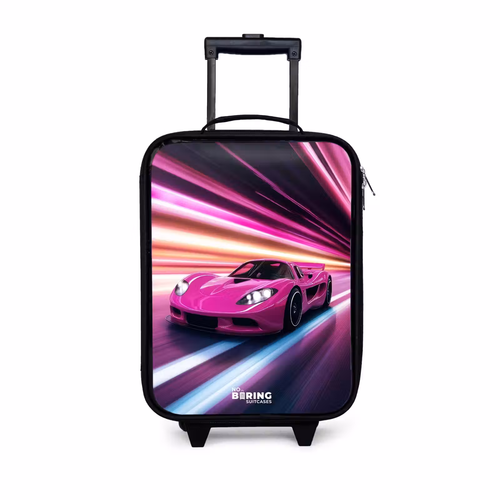 Kinderkoffers met naam - Roze raceauto flitst door neonlicht — 1