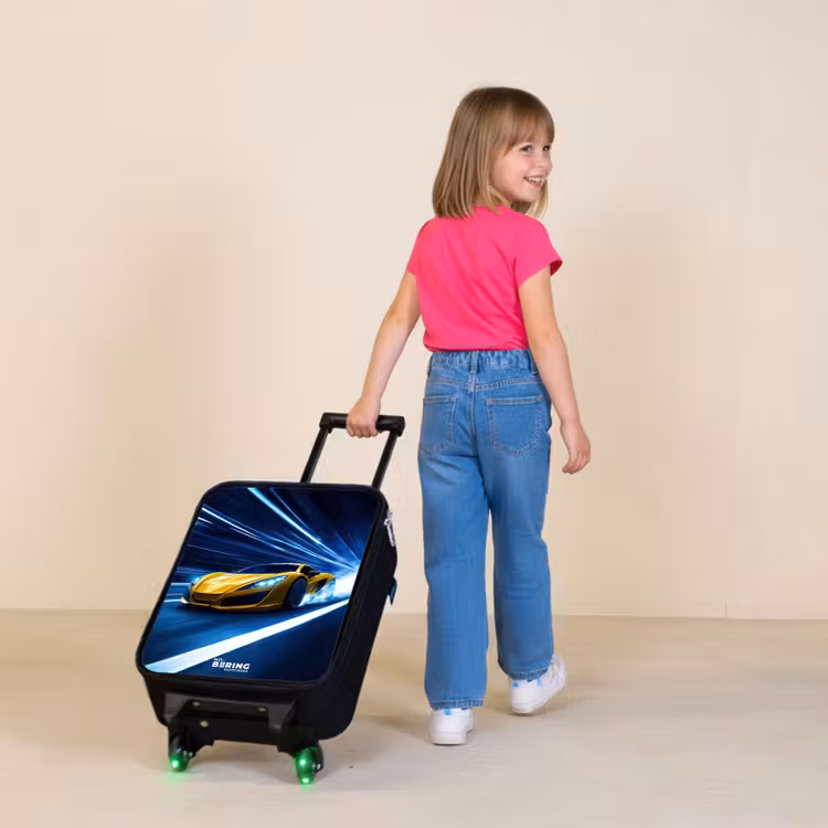 Kinderkoffers met naam - Gele sportwagen in lichttunnel van snelheid — 2