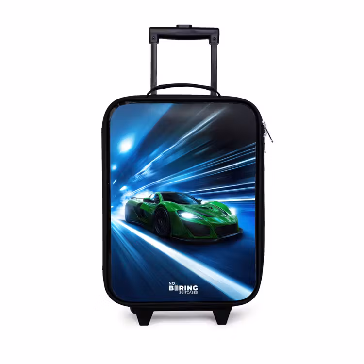 Kinderkoffers met naam - Groene supercar flitst door neonlicht — 1