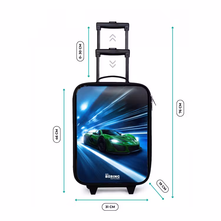 Kinderkoffers met naam - Groene supercar flitst door neonlicht — 7