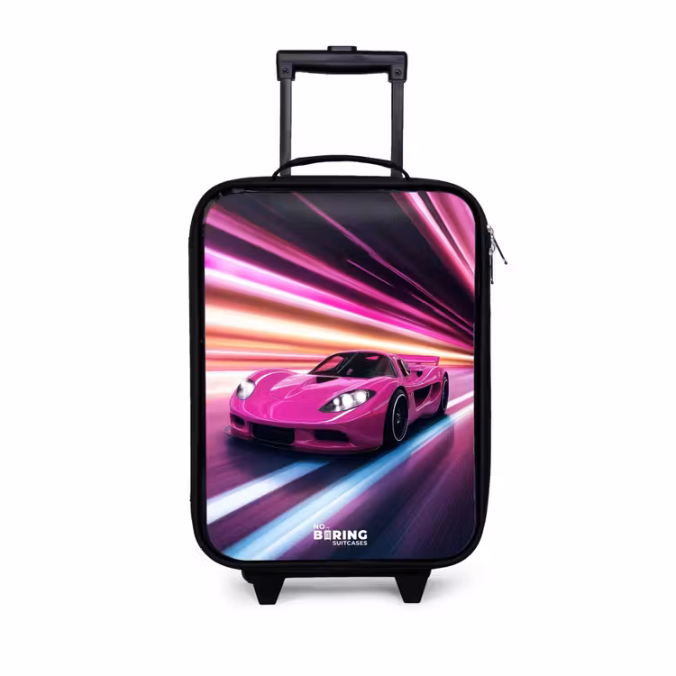 Kinderkoffers met naam - Roze raceauto flitst door neonlicht — 1