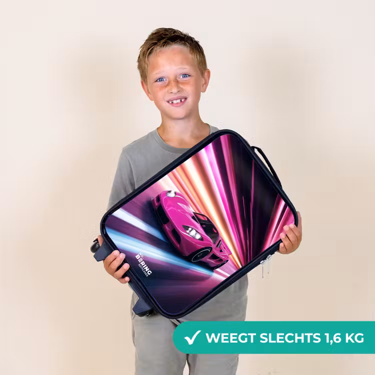 Kinderkoffers met naam - Roze raceauto flitst door neonlicht — 3