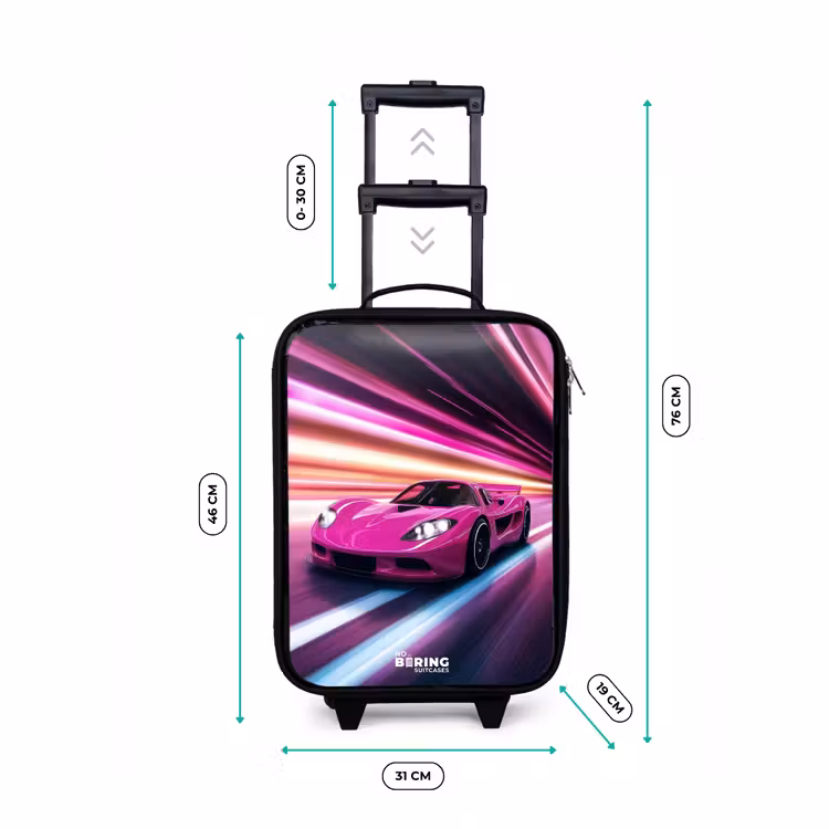 Kinderkoffers met naam - Roze raceauto flitst door neonlicht — 7
