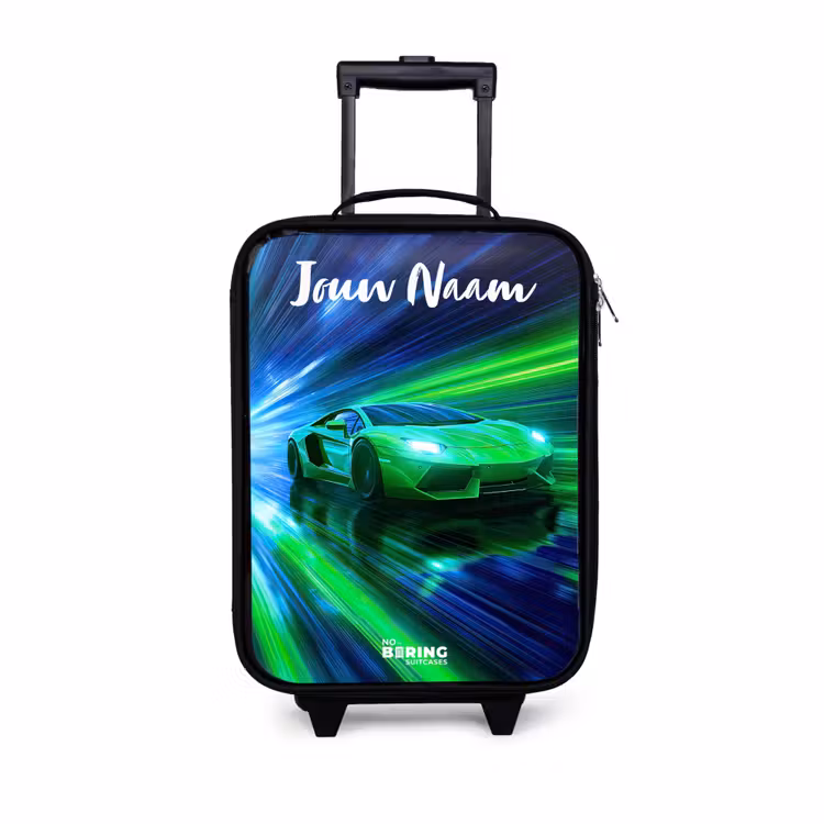 Kinderkoffers met naam - Sportauto - Groen - Snelheidslijnen - Neon — 1