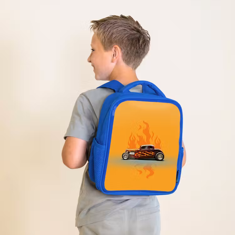 Kinderrugzak - Blauw - Bruine auto met gele vlammen — 3