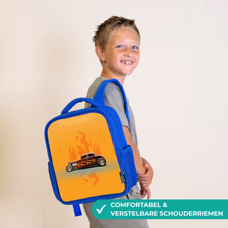 Kinderrugzak - Blauw - Bruine auto met gele vlammen — 4
